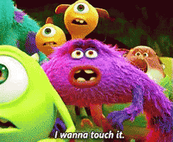 a purple monster says i wanna touch it in front of a group of monsters