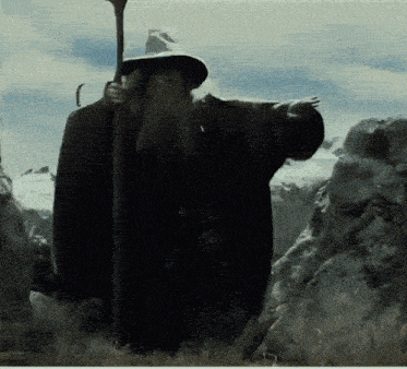 a man with a beard is holding a cane and wearing a hat