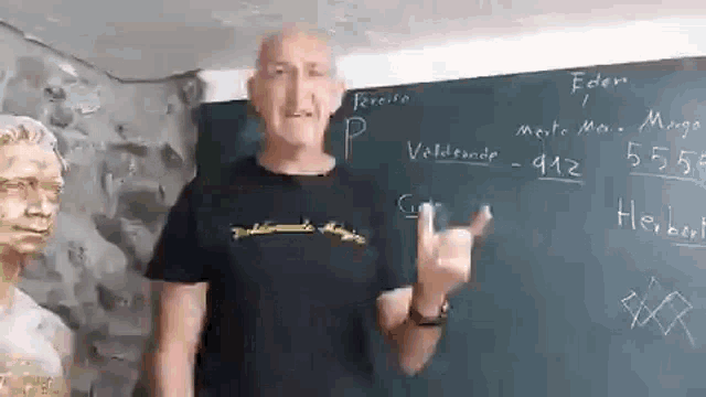 a man is standing in front of a blackboard with numbers written on it