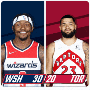 two basketball players from the wizards and raptors are standing next to each other