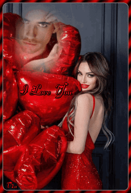 a woman in a red dress is holding a heart shaped balloon with the words " i love you " written on it