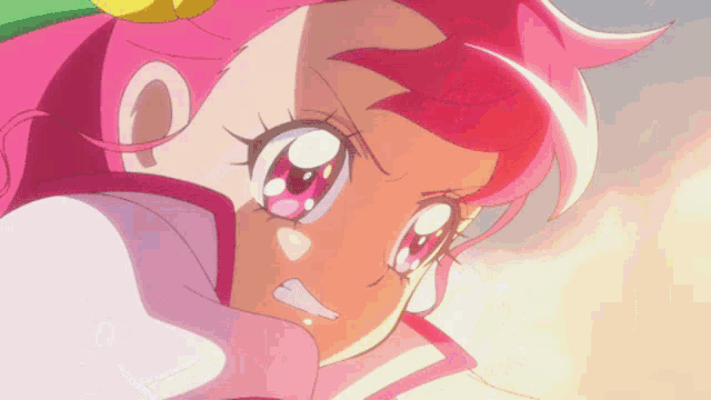 a close up of a pink haired anime character with a yellow flower in her hair