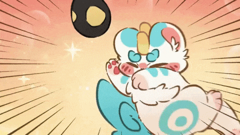 a cartoon cat is playing with a black ball in a field