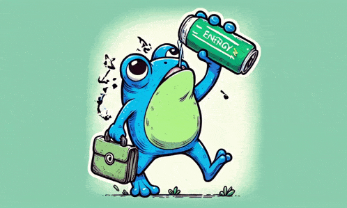 a frog with a briefcase is drinking from an energy drink .