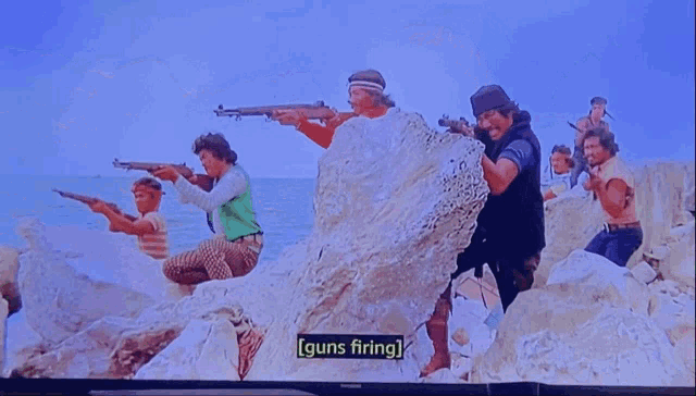 a tv screen shows a woman holding a gun with the words guns firing written below her