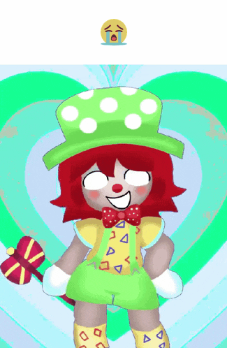a clown with red hair and a green hat
