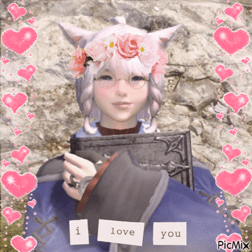 a girl with a flower crown on her head is holding a book and a sign that says " i love you "