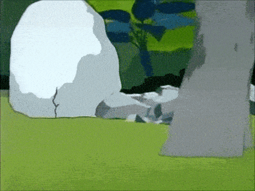 a cartoon drawing of a tree and rocks