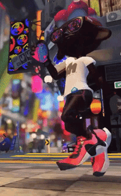 a cartoon character is jumping in the air in front of a sign that says uv