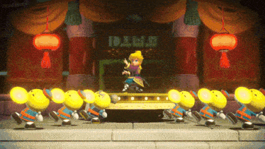 a group of cartoon characters are dancing in front of a sign that says " lotus "