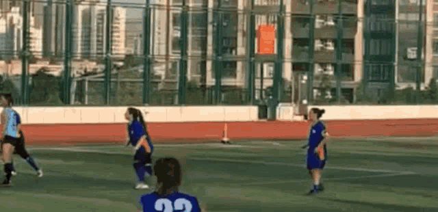 a group of young women are playing a game of soccer on a field .