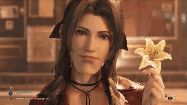a video game screen shows a woman holding a flower in her hand and the setting cannot be changed right now