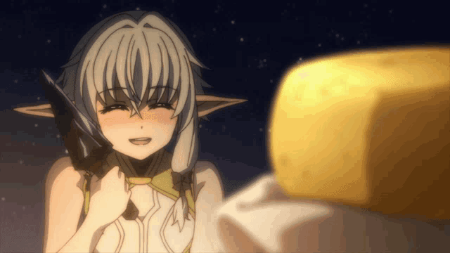 a girl with white hair is holding a knife and smiling