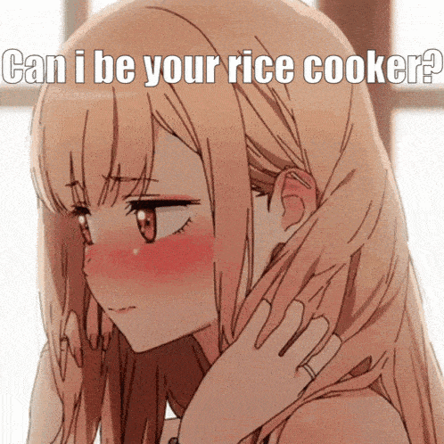 a picture of a girl with the words can i be your rice cooker