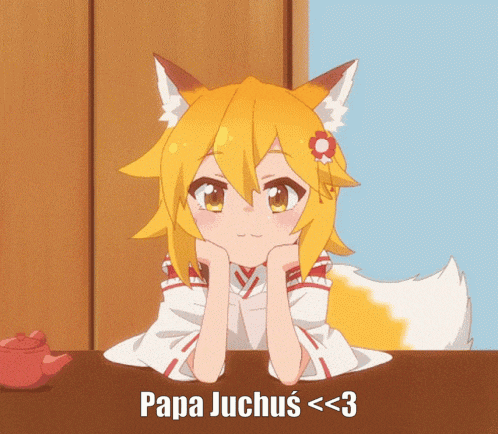 a girl with fox ears is sitting at a table with the words papa juchus < 3 below her