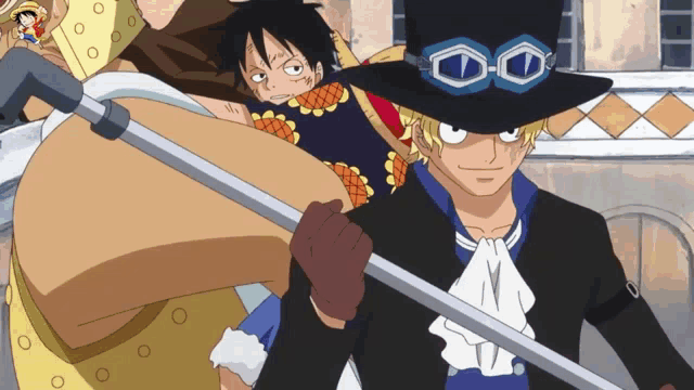 a man in a top hat and goggles holds a pole