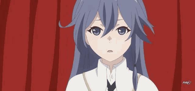 a girl with long blue hair is standing in front of a red curtain and the word anime is on the bottom
