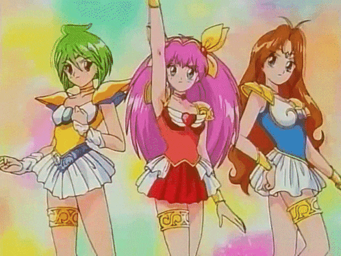 three anime girls are standing next to each other with one raising her fist