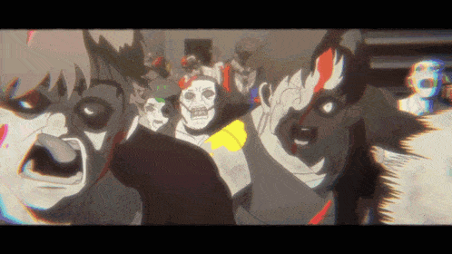 a group of zombies are standing next to each other in a dark room