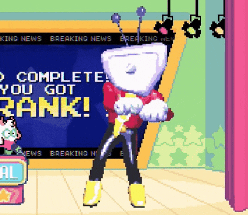 a cartoon character is standing in front of a sign that says breaking news