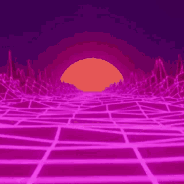 a computer generated image of a sunset over a purple and pink grid .