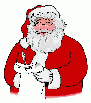 a cartoon drawing of santa claus writing on a piece of paper with a pen