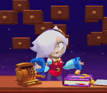 a cartoon character is standing next to a book and a cash register in a video game .
