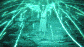 a person with wings is standing in a dark room with lightning coming out of it .