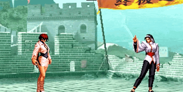 two female fighters are standing in front of a brick wall with a banner that says ' chinese ' on it
