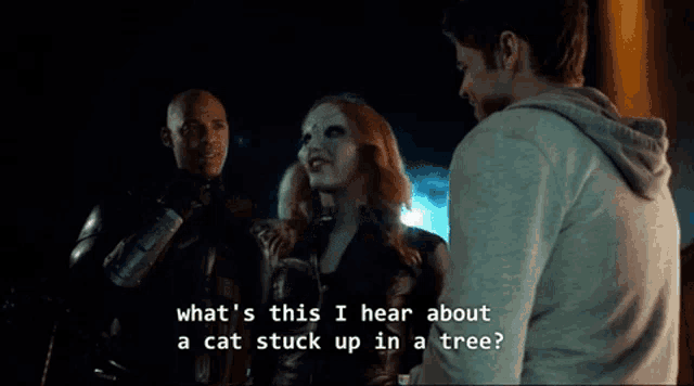 a man and a woman are talking about a cat that is stuck in a tree