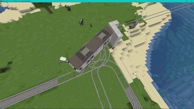 a screenshot of a game called minecraft shows a train on the tracks