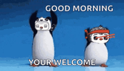 two penguins are standing next to each other with their arms in the air and a message that says good morning your welcome .