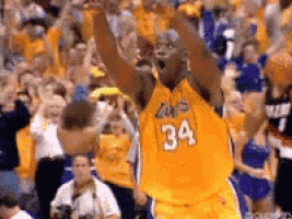 a basketball player with the number 34 on his jersey stands in front of a crowd