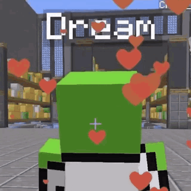 a green minecraft character is surrounded by red hearts and a sign that says dream .