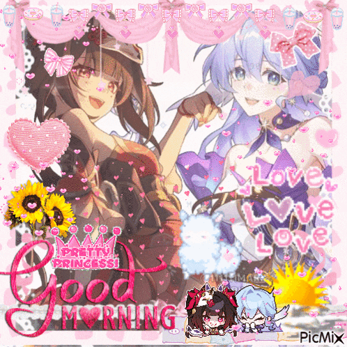 a picture of two anime girls with the words " good morning pretty princess "