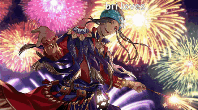 a pixel art of a man holding a sparkler with fireworks behind him and the words bri loves below him
