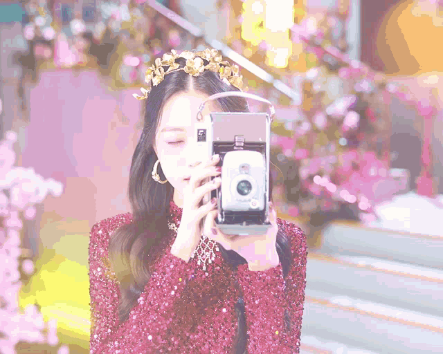 a woman in a red dress is taking a picture of herself with a polaroid camera
