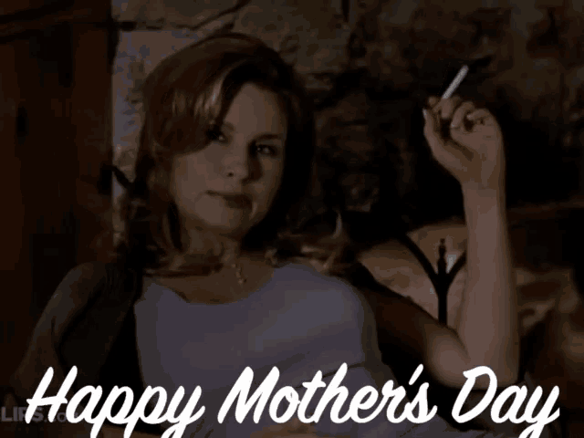a woman smoking a cigarette with the words happy mother 's day written below her