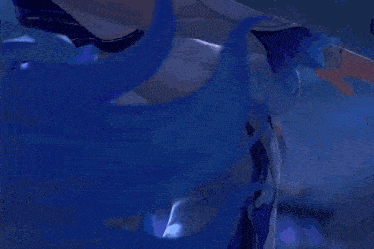 a close up of a purple haired anime girl in a blue and white dress