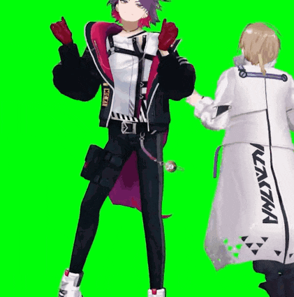 a couple of anime characters are standing next to each other on a green background .