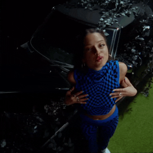 a woman in a blue checkered top and blue pants stands in front of a car