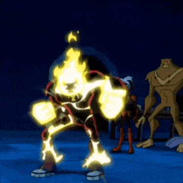 a cartoon character with flames coming out of his chest