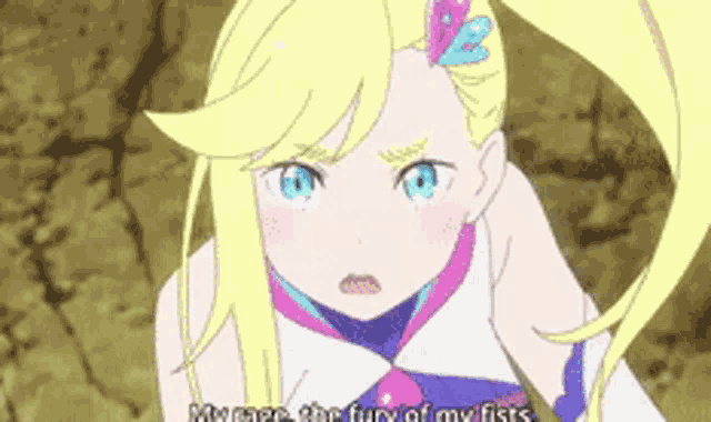 a girl with blonde hair and blue eyes is talking about her fist