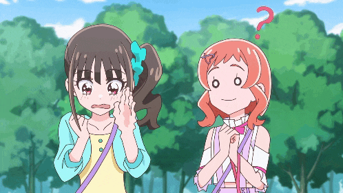 two anime girls are standing next to each other with a question mark above their head