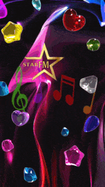 a star fm logo is surrounded by music notes and hearts