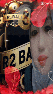 a woman 's face is surrounded by hearts and a r2ball logo