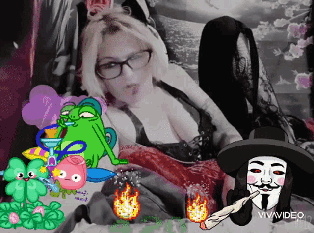 a woman is surrounded by cartoon characters including a v for vendetta mask