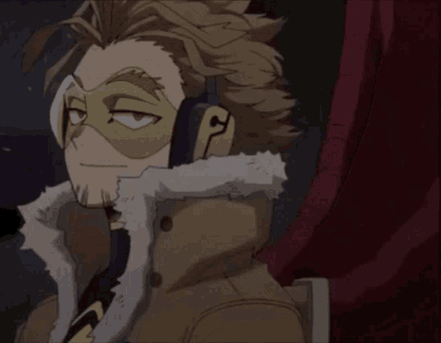 hawks from my hero academia wearing headphones and a mask
