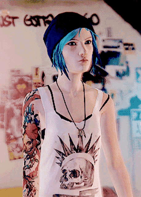 a girl with blue hair is standing in front of a wall that has just gotta go written on it