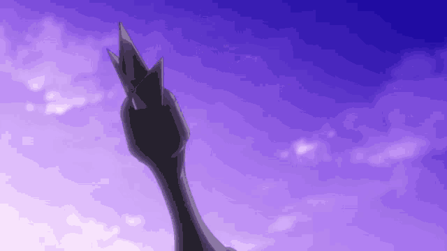 a person 's arm is reaching up into the sky with a purple background .